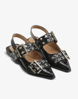 Ganni Black Croco Patent Feminine Buckle Ballerinas