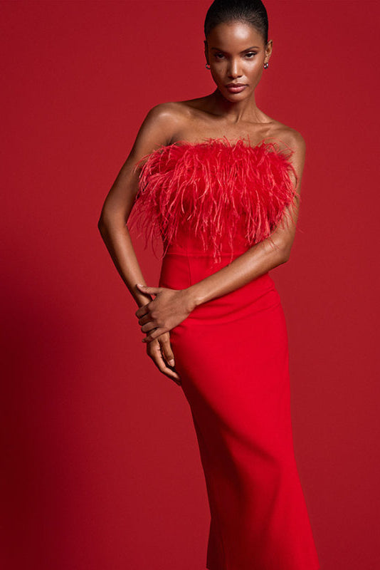 RIANI LANG ROOD KLEED OF SHOULDER PLUIMPJES